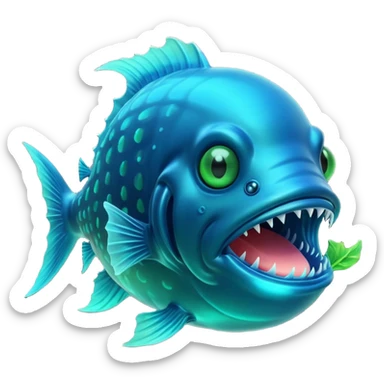 3D render of Anglerfish, bioluminescent deep sea style, glowing neon blue and green lights, dark background to contrast the glow, translucent organic textures, Apple emoji style, 3D render --v 6.0 sticker