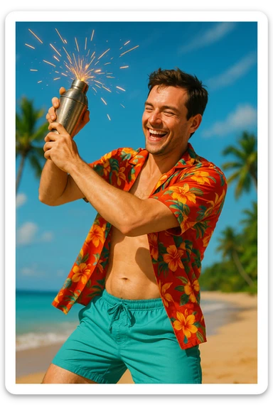 human male Unbuttoned Hawaiian shirt, swim trunks, shaking a cocktail shaker (sparks flying) sticker