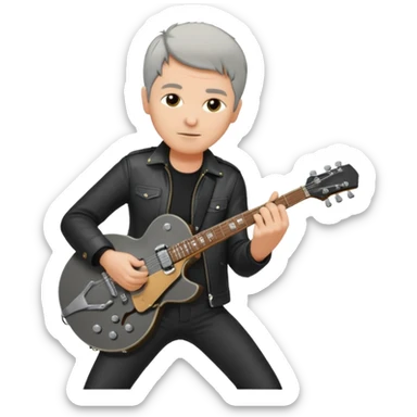 a short grey hair, middle age metal head with black leather, playing a classic epiphone eletric guitar sticker