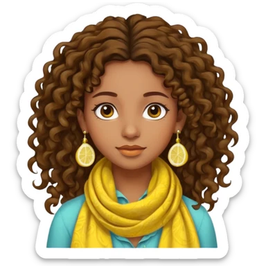 bohemian girl with brown skin, long curly brown hair up, lemon yellow scarf, round earrings sticker