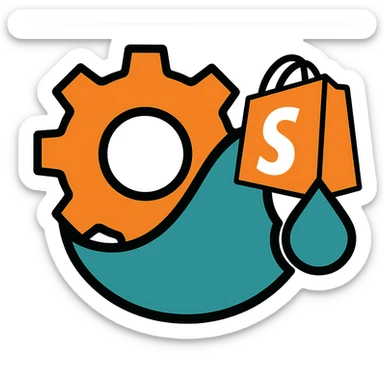 Add a Shopify bag icon to the logo, keeping the original style and colors, with a transparent background. The style of the logo should be preserved exactly as in the reference image. sticker
