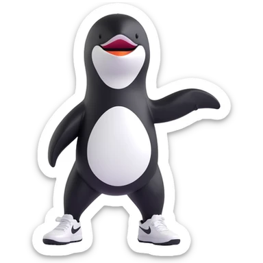 orca standing upright showing off black and white Nike sneakers, fun and bold pose sticker