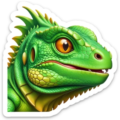 Cinematic Realistic Cute Iguana Portrait Emoji, Head tilted playfully and inquisitively, featuring a compact, agile build with a glossy, intricately scaled body in vivid green hues and a characteristically expressive face with bright, curious amber eyes, rendered in lifelike detail with natural highlights, high shine, affectionate and lively, styled with a touch of tropical whimsy, soft glowing outline, capturing the essence of a mischievous yet lovable iguana that seems poised to scurry out of the screen into your arms! sticker