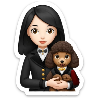 A girl who has long hair and looks like a penguin holds a brown poodle sticker