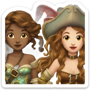 Brown haired mermaid and woman pirate kissing sticker