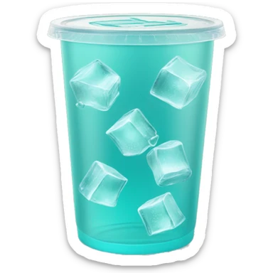 Realistic see through plastic cup and lid with Transluscent turquoise soda,straw and large ice cubes inside. sticker