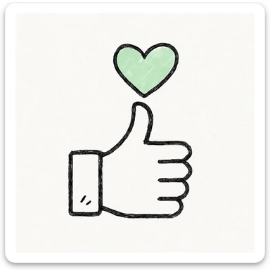 minimalist green thumbs up combined with heart symbol, hand drawn black outline style, white clean background, conveying calm and security sticker