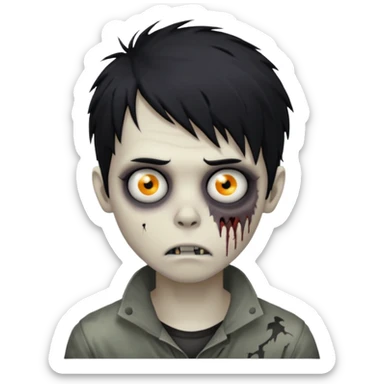 zombie boy with messy black hair, emo style, medium length, eerie and unsettling face sticker
