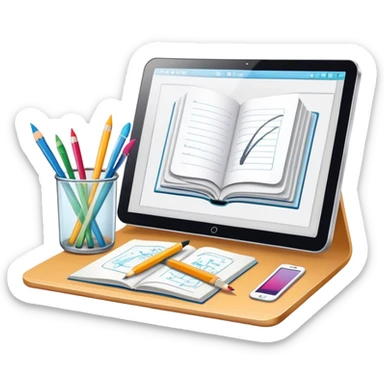 Colourfull Illustration icon, pencil, paintbrush, gel pen, graphic tablet or monitor with digital illustration, open book with sketches, minimalistic style, clean lines, transparent background. sticker