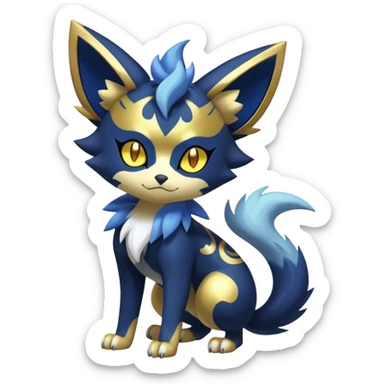 Shiny mExotic Badass Colorfulj Ethereal Royal Mysterious Gothic Meowstic-Zorua-Litten-Noibat-Pokémon-Fakémon-hybrid-creature (full body) with pattern-markings with golden eyes sticker
