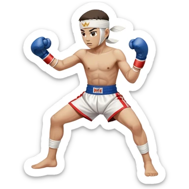 ​Cinematic Realistic Traditional Muay Thai Fighter such as Buakaw Banchamek, depicted in authentic attire featuring white bandaged gloves wrapped around his fists, a traditional headband tied neatly, and classic Muay Thai shorts, captured in a dynamic fighting stance under dramatic, high-energy lighting that highlights the raw power and elegance of the art, sticker
