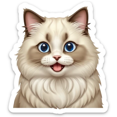 Cinematic-Adorable-Seal-Ragdoll-Cat-Portrait-Emoji – Big-eyed, fluffy Ragdoll cat with a playful head tilt and a cute yawn, soft brown-and-white fur with darker seal points on the ears and face, simplified yet irresistibly cute features, sparkling blue eyes full of mischief, highly detailed with a gentle glow. sticker