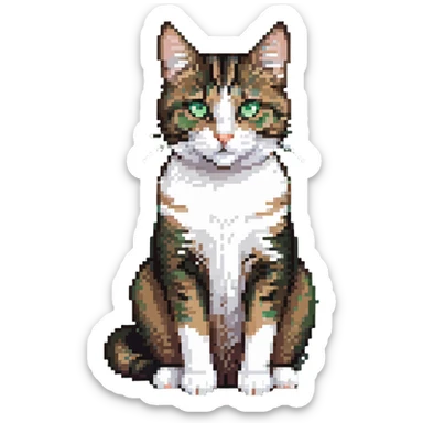 Brown, white, and black tabby cat with green eyes sitting to show its white belly, pixelated art sticker