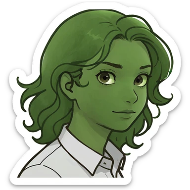 Girl wavy hair, brown eyes, side part, white shirt sticker