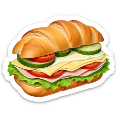 sandwich with turkey, lettuce, pickles, mayonnaise, and tomatoes on a croissant sticker