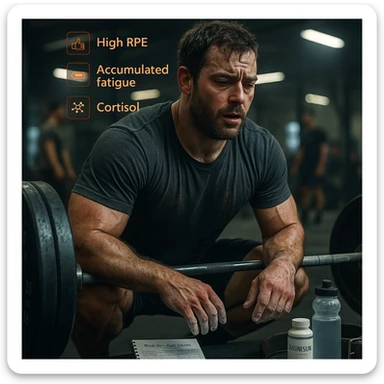 A muscular man in his early 30s, mid-workout in a gym, sweating heavily, expression showing fatigue and strain but still focused. He’s performing heavy barbell squats or deadlifts, with chalk-covered hands, and a visible training logbook nearby showing notes like 'Week 4 – High Volume'. Slight dark circles under his eyes, subtle red irritation around joints and tendons, symbolizing overuse. A water bottle, magnesium supplement, and lifting belt on the floor. Background: a real gym environment with other athletes, slightly blurred. Ambient lighting: cool tones with overhead gym lights. Optional floating icons showing high RPE, accumulated fatigue, cortisol levels slightly elevated. Style: cinematic realism, emotionally intense yet grounded in sports physiology. sticker
