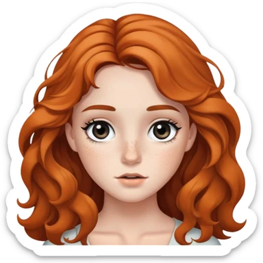 girl with wavy long hair, striking black eyes, subtle makeup, and scattered freckles sticker