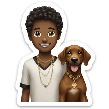 smiling boy with dog  brown and black and jewelry sticker