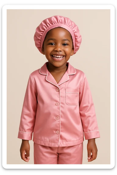 cheerful black girl in pink pajamas and a pink satin sleep cap, standing, simple background sticker