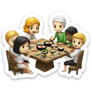 Caucasian family of 8 members eating sushi  sticker