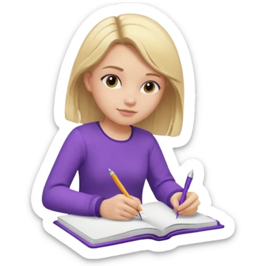 girl sitting, writing in a notebook, blond hair, dressed in purple clothes sticker