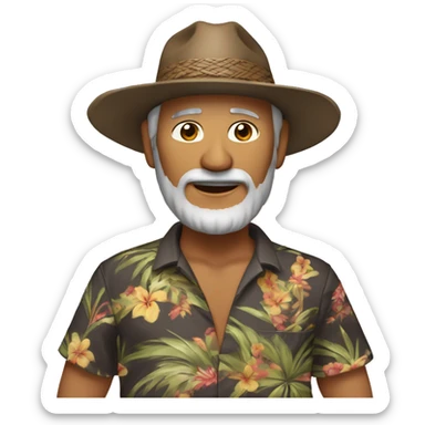 Native Hawaiian Male in with 57 years old of age,  playing a ukalele with a hawaiian closed shirt. Wearing brown shorts a cap. He has a goatiee beard of dark gray color. His skin is brown with east asian eye type.  sticker