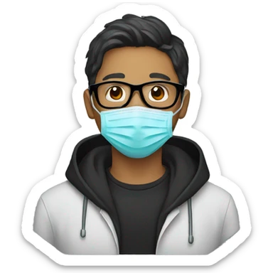 Man with medical mask and black hoody and black glasses sticker