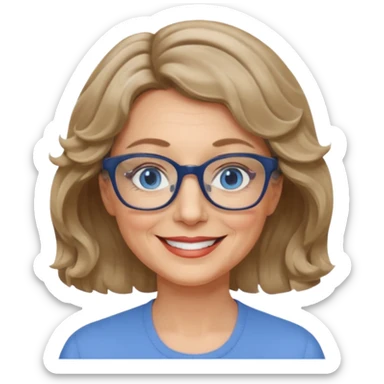 woman 60 short weavy dark blonde haire, rectangle glases, blue eyes sticker