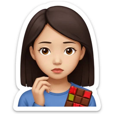 A young Asian female with a gloomy expression, thinking of chocolate sticker