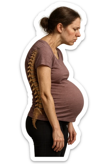 donna in gravidanza di profilo con spina dorsale in evidenza, postura storta, spalle chiuse in avanti, iperrealistica 4k sticker