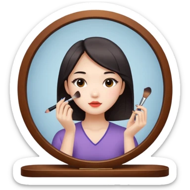 A chinese girl is prettying herself in front of mirror and the mirror reflects her face sticker