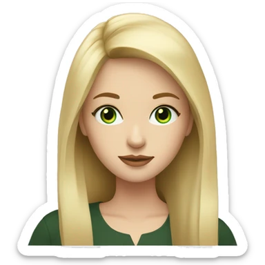 Young white woman, long blonde hair with bang, green eyes writing on laptop sticker