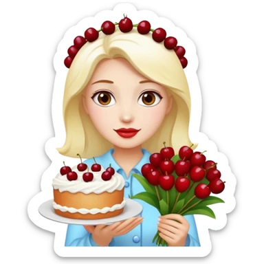 Beautiful woman with bouquet of flowers and lush white cakes with icing and cherries emoji style sticker