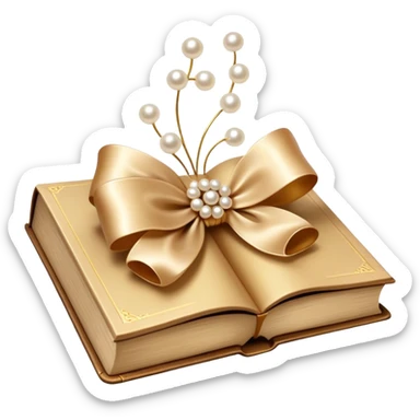 A silky champagne-colored bow resting atop an aged book with golden-brown pages, surrounded by scattered pearls.
 sticker