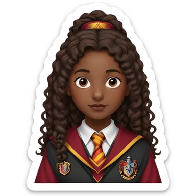 Alicia Spinnet in harry potter, wear hogwarts gryfindor uniform, long, dark, curly ponytail hair, dark skin sticker