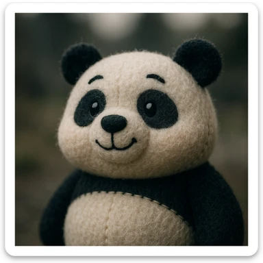 plush portrait of a cheerful panda with round cheeks, black and white fur, and a playful look sticker