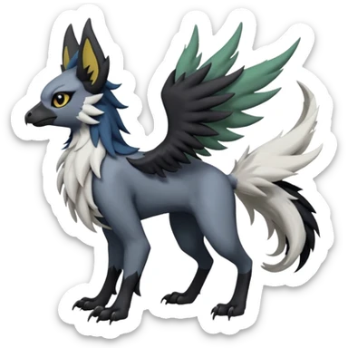 Dark-deep-colored gryphon-Trico-Nargacuga-Absol-Leafeon-Sprigatito-Silvally-fusion-hybrid with a long tufted tail, black beak, black claws, black tail, majestic, realistic, furry (full body) sticker