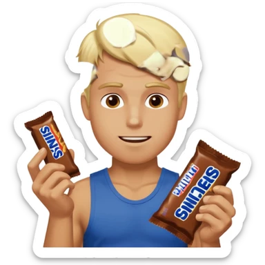 men with blond hairs and a good body eat a snickers sticker