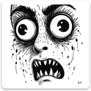 sketchy japanese horror manga style, extremely disturbing face with bulging eyes, split face revealing hundreds of tiny teeth inside, uncanny, creepy, Junji Ito inspired sticker
