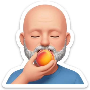 Bald guy with salt and pepper beard sucking on a very juicy peach sticker