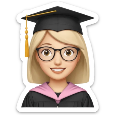 smiling white woman with hijab, glasses, and graduation cap sticker