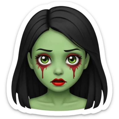 beautiful half-zombie girl emoji, straight black hair, green skin, no text sticker