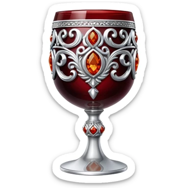 ornate silver goblet decorated with red amber stones filled with red wine sticker