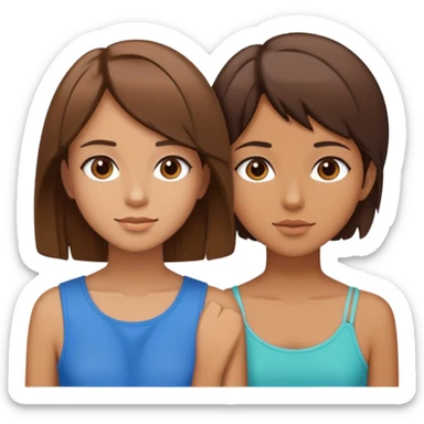 two girls, one with short layered choppy brown hair to the chin, tan skin; the other with straight brown hair to the shoulders, tan skin sticker