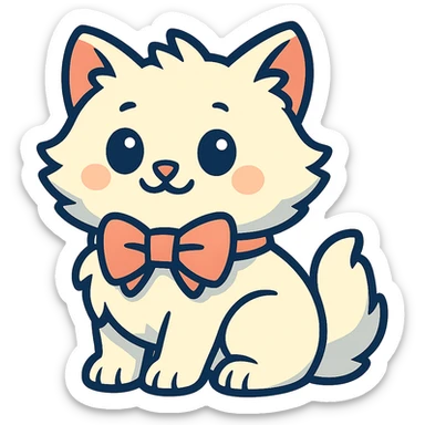 Remove the background, keep only the cute fluffy white kitten with a light pink bow in vibrant toon style with transparent background. sticker