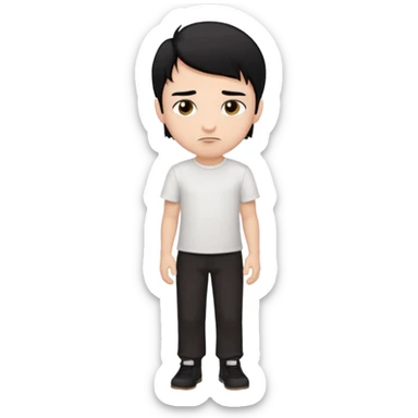 make a white boy with black hair and brown highlights with dark brown eyes with a plain white shirt and black plain pants with a nose piercing  sticker