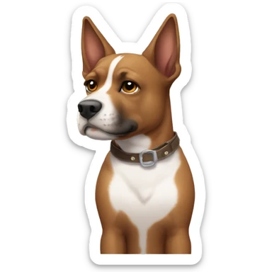 american stafforshire with brown fur with straps, and a white thing on his chest and snout, but the snout one smaller sticker
