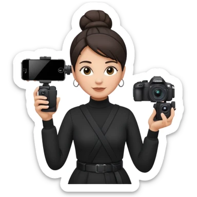middle aged woman photographer with dark hair in a bun, wearing black clothes, carrying a canon r5 and an iPhone on a gimbal sticker