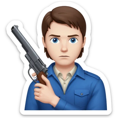 guy w medium long brown hair and blue eyes shooting himself sticker