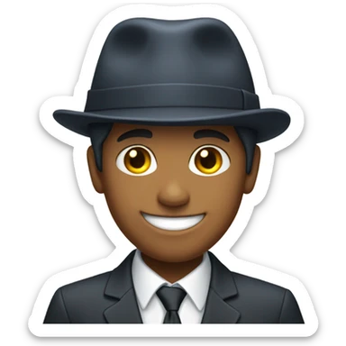 a boy in a suit smiling and wearing a skullcap sticker